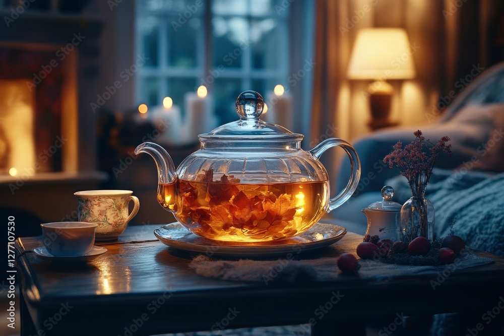 Warm evening tea gathering with a glass teapot and cozy ambiance in a serene living room Warm evening tea gathering with a glass teapot and cozy ambiance in a serene living room
