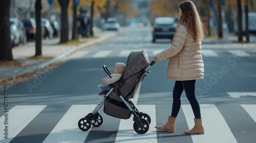 Mother crossing street with baby stroller on pedestrian crossing