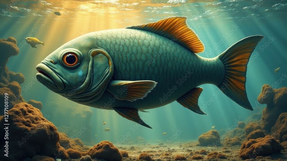 Naklejka premium A fish swims underwater, illuminated by sunlight filtering through the water, with other smaller fish and rocky formations in the background