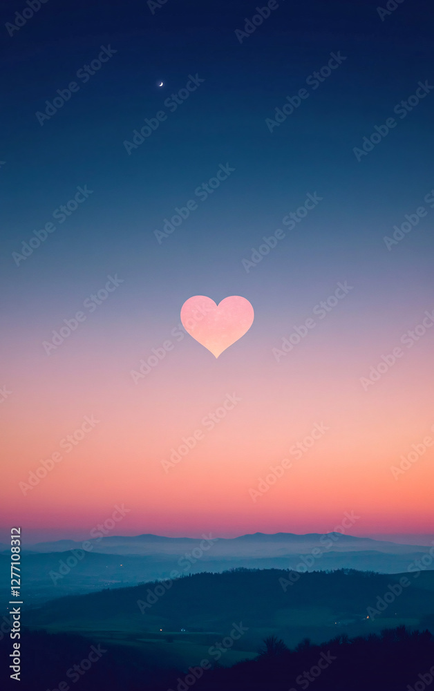 Fototapeta premium Heart-shaped moon in a dreamy twilight sky over the sea, romantic and surreal fantasy scene with celestial reflections on the water