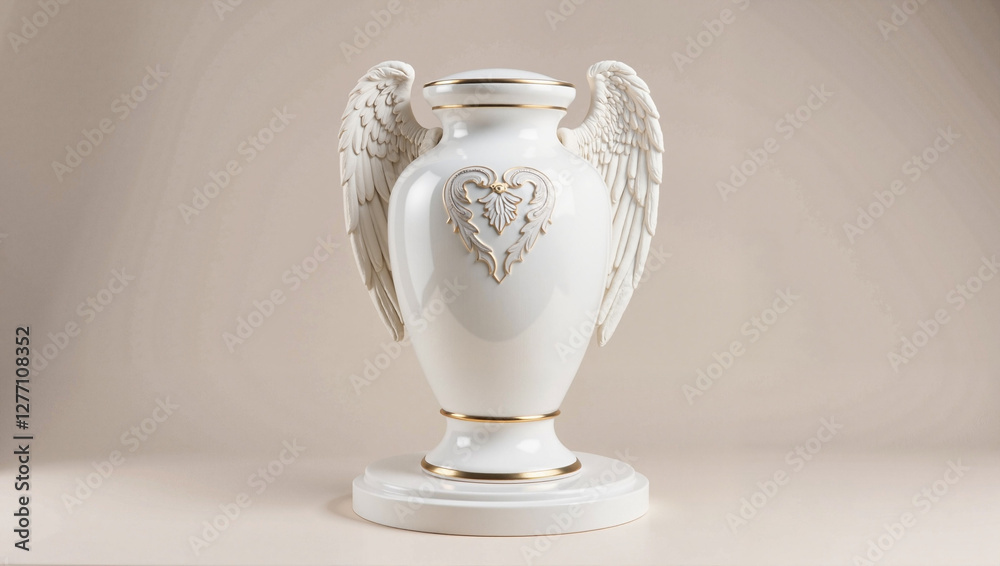 Elegant white urn with angel wings and golden accents for memorial or decorative use Elegant white urn with angel wings and golden accents for memorial or decorative use