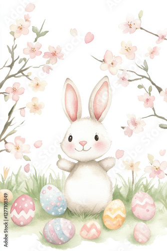 A watercolor Easter Bunny illustration, softly blended with pastel hues, standing among blooming cherry blossom trees.