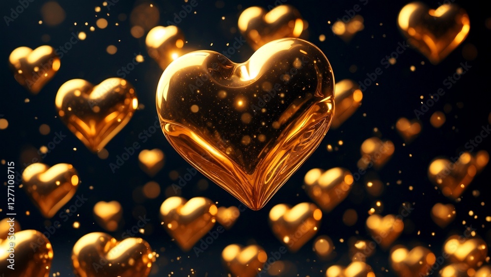Obraz premium Glowing golden hearts floating on dark love background