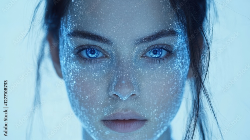 Fototapeta premium A woman with striking blue eyes and a pale complexion gazes softly, showcasing her unique features and captivating presence.