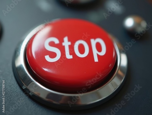 Red stop button on control panel is waiting to be pressed photo