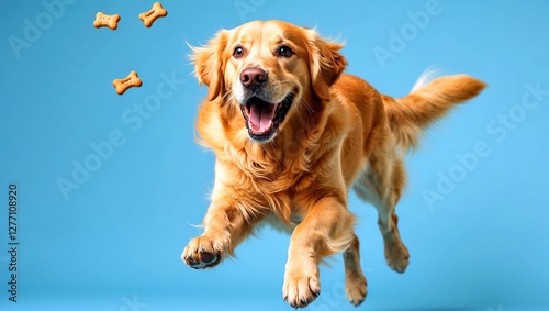 Golden retriever joyfully catches treat in midair