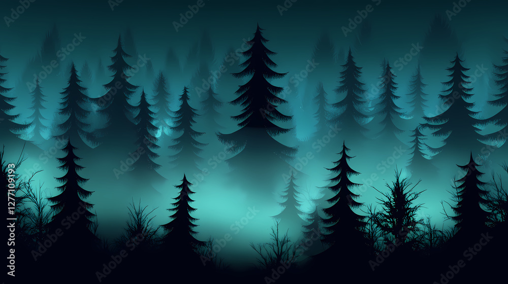 Fototapeta premium Eerie, mystical forest shrouded in teal fog at night. silhouetted trees create a mysterious, atmospheric scene perfect for fantasy or horror themes. Surreal Haunted Forest. Illustration
