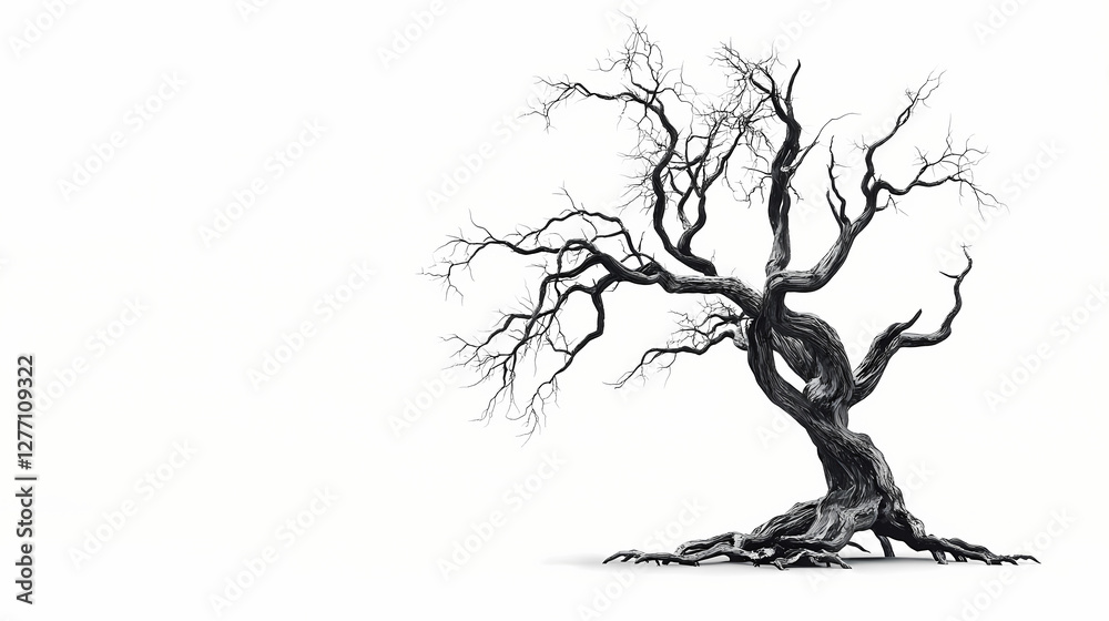 Eerie twisted gray tree against plain white background. Surreal Haunted Forest. Illustration
