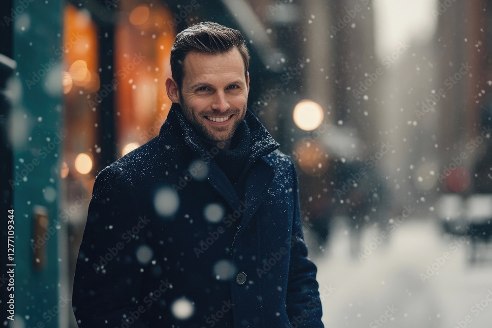 Smiling man in a dark coat, enjoying a snowy city street. Winter fashion, urban scene. Smiling man in a dark coat, enjoying a snowy city street. Winter fashion, urban scene.