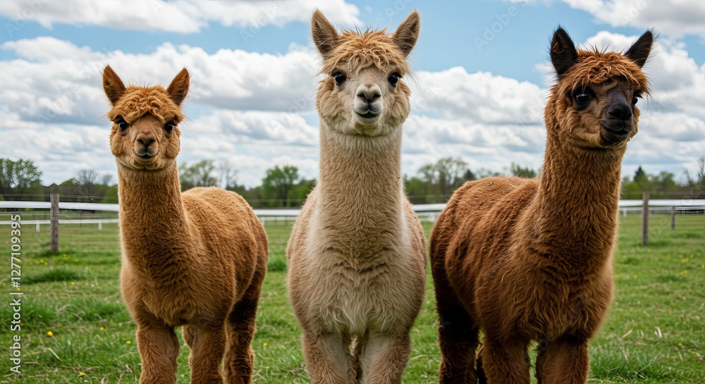 Naklejka premium Adorable trio of alpacas standing in a lush green pasture on a cloudy day