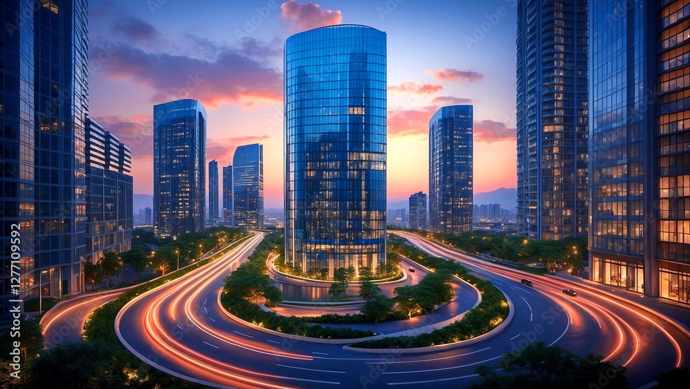 Fototapeta premium Illuminated urban road surrounded by modern high-rises