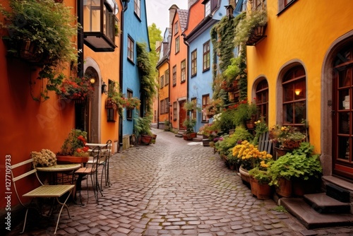 European alley building architecture cobblestone.