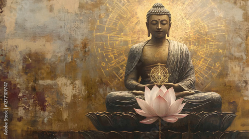 A Buddha with a lotus flower, sitting cross-legged and floating in the air
