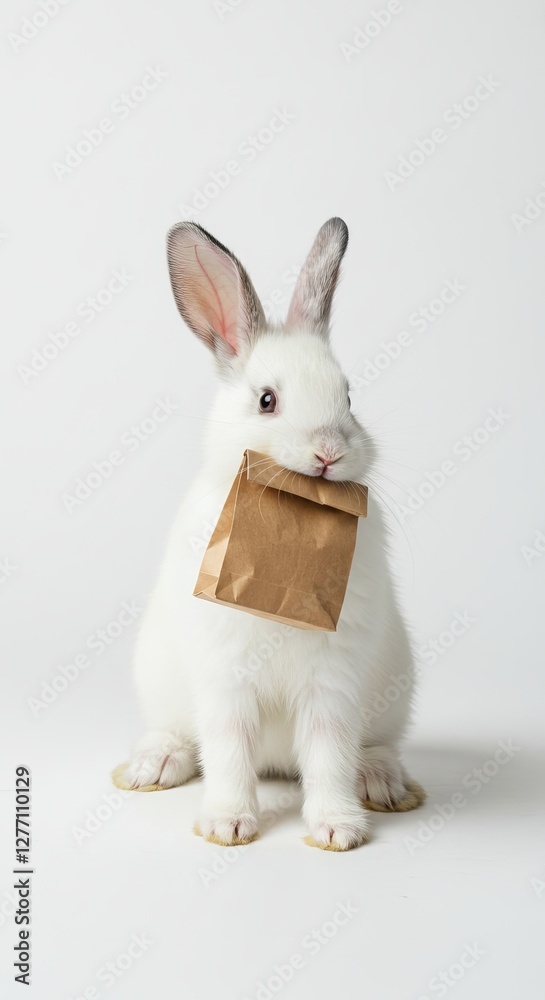 Obraz premium Adorable white rabbit holding a brown paper bag against a white background