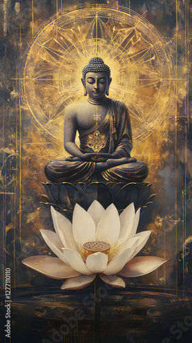 A Buddha with a lotus flower, sitting cross-legged and floating in the air
