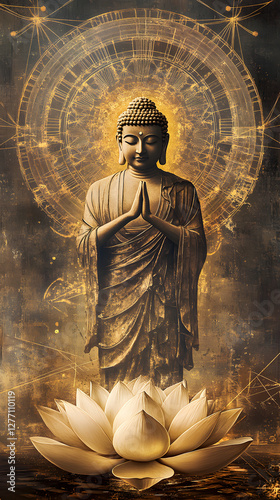 A Buddha with a lotus flower, sitting cross-legged and floating in the air
