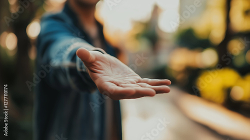 Man offering helping hand outdoors in city park
