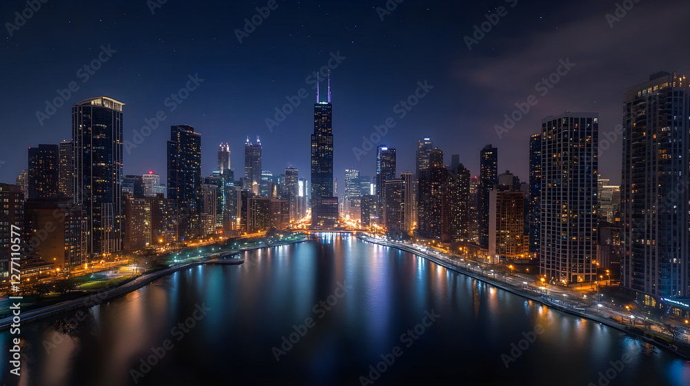 Fototapeta premium Luminescent Cityscape: Embracing the Night's Tranquil Charm with Urban Luminous Tapestry