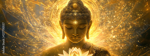 A Buddha with a lotus flower, sitting cross-legged and floating in the air
