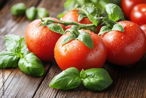 Fresh tomatoes and vibrant basil leaves rest on a rustic wooden table, enhanced by glistening water droplets that add freshness and vitality.