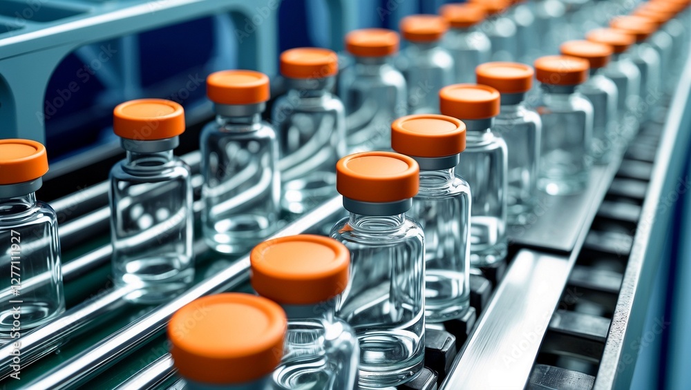 Obraz premium Row of glass vials with orange caps on conveyor belt