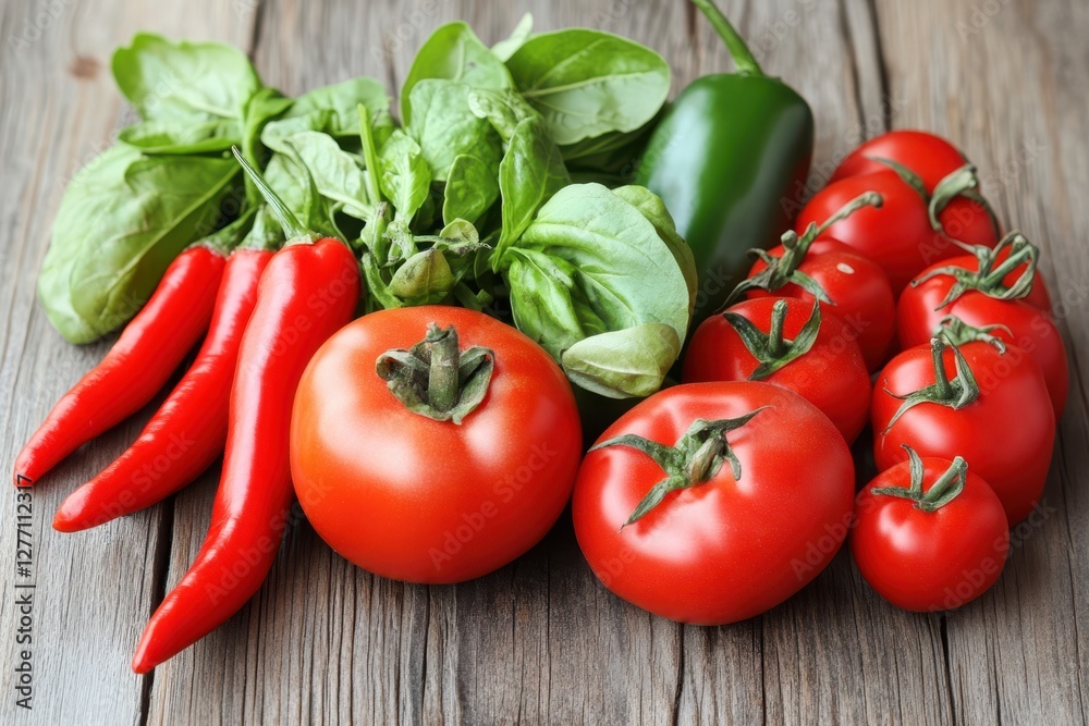 Fresh tomatoes, vibrant peppers, and fragrant basil arranged beautifully on a rustic wooden table, showcasing organic produce and culinary inspiration. Fresh tomatoes, vibrant peppers, and fragrant basil arranged beautifully on a rustic wooden table, showcasing organic produce and culinary inspiration.