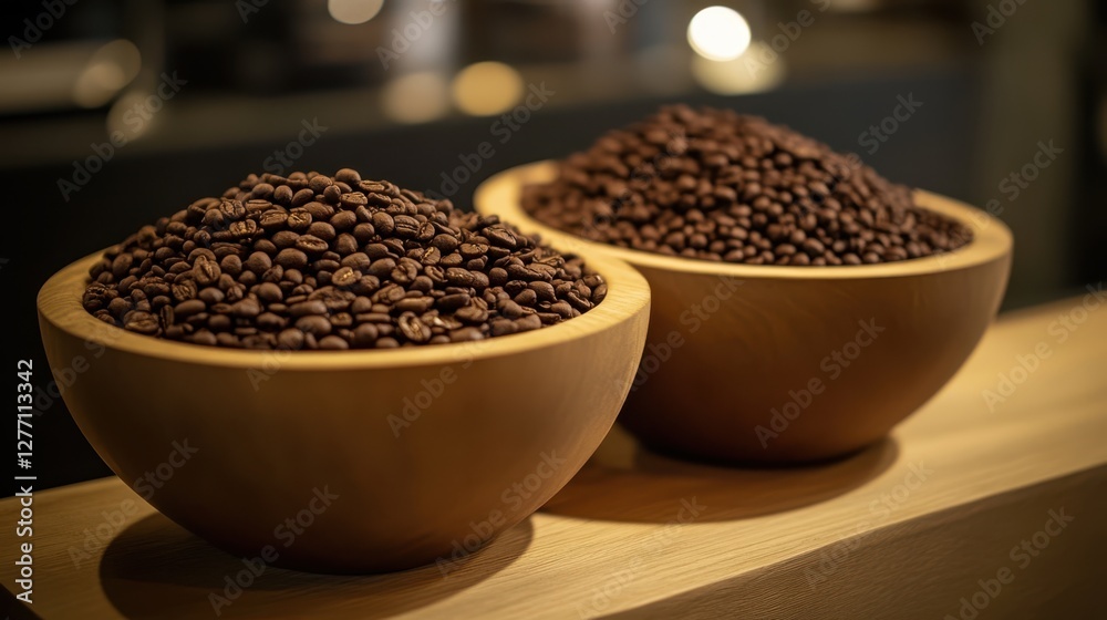 Two bowls filled with coffee beans are displayed on a rustic wooden counter, showcasing the rich texture and color of the beans. Two bowls filled with coffee beans are displayed on a rustic wooden counter, showcasing the rich texture and color of the beans.