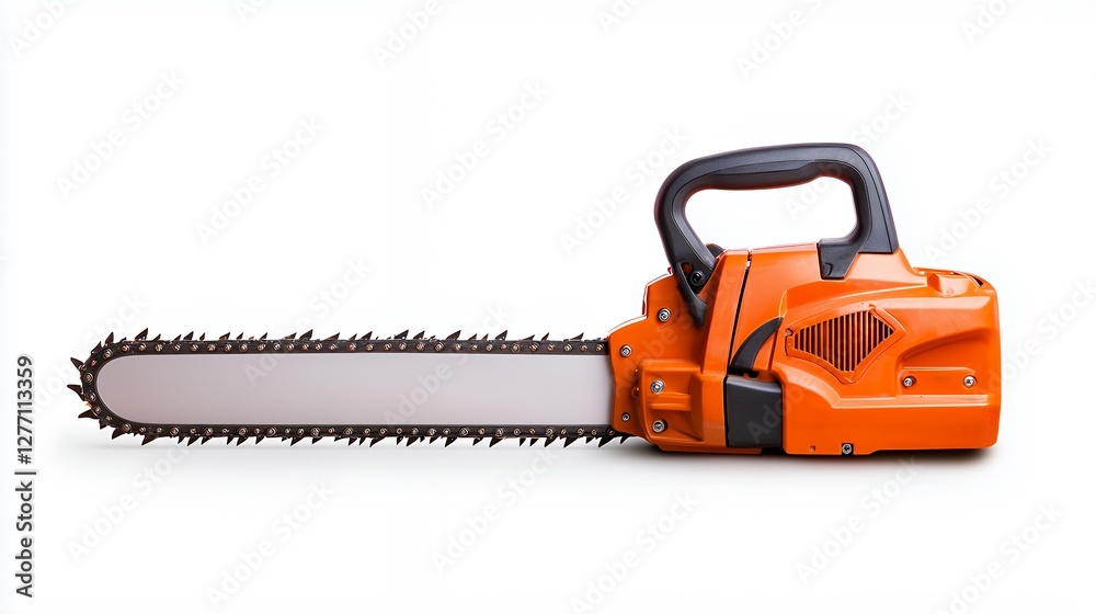 Powerful Orange Chainsaw with Sharp Blade Ready for Cutting Work Powerful Orange Chainsaw with Sharp Blade Ready for Cutting Work