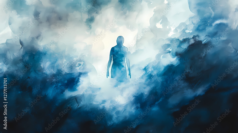 Ghostly figure emerging from the mist - surreal watercolor painting. Ethereal Ghostly Apparitions. Illustration Ghostly figure emerging from the mist - surreal watercolor painting. Ethereal Ghostly Apparitions. Illustration