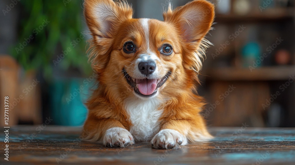 A cheerful brown and white dog with large ears lies on a wooden table. Its expressive eyes and joyful smile add charm to the cozy atmosphere surrounding it. A cheerful brown and white dog with large ears lies on a wooden table. Its expressive eyes and joyful smile add charm to the cozy atmosphere surrounding it.