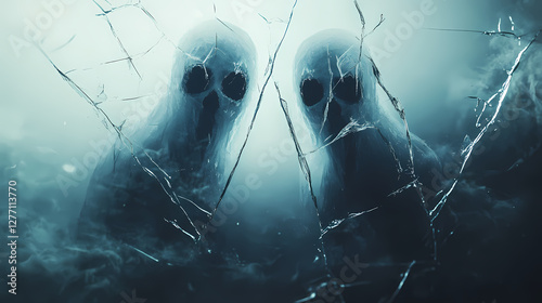 Ghostly presence reflected in cracked mirror eerie and unsettling supernatural encounter capturing the chilling essence of the paranormal and mystical. Ethereal Ghostly Apparitions. Illustration