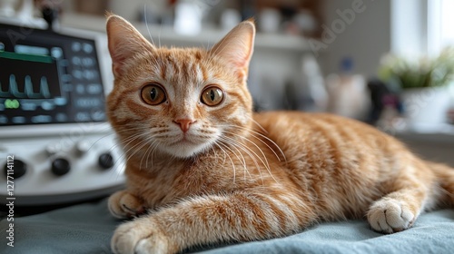 A close-up of an orange tabby cat lounging comfortably on a soft surface, showcasing its striking eyes and playful demeanor.