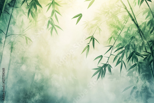A peaceful bamboo forest background with soft morning mist, delicate green leaves, and warm golden sunlight filtering through.