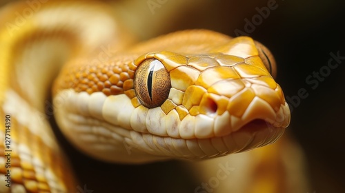 Golden-hued python in an extreme close-up showing intricate scales and sharp eyes