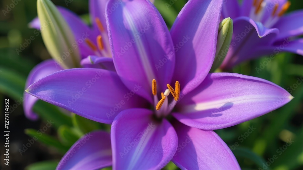 A close-up of a vibrant purple lily with orange stamens and green leaves in the background. A close-up of a vibrant purple lily with orange stamens and green leaves in the background.