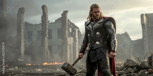 Heroic figure stands amidst ruins holding a powerful weapon in a dramatic landscape