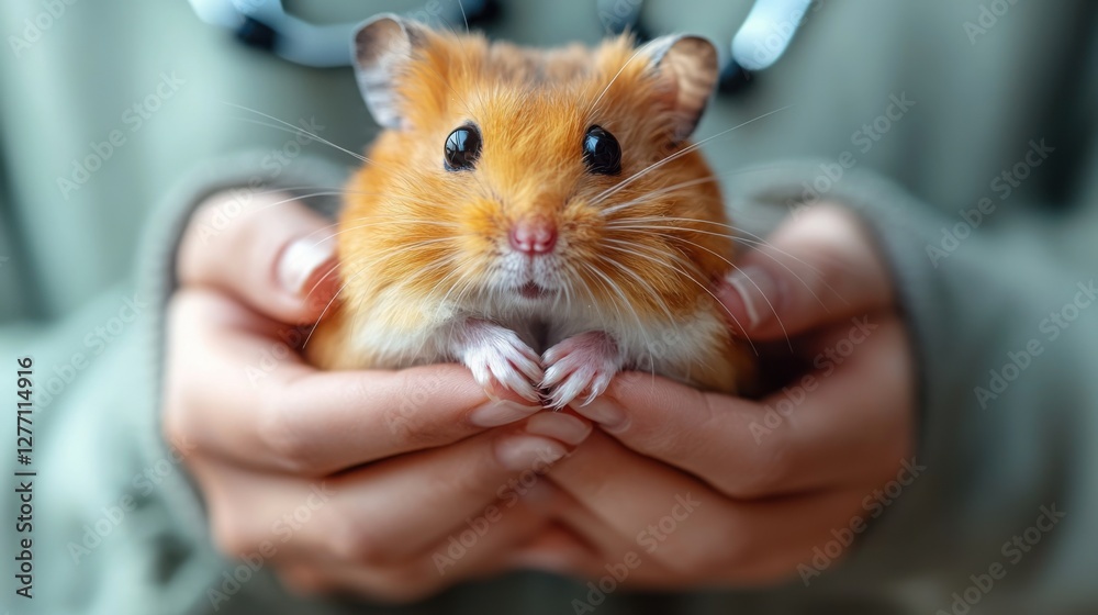 A person holds a small, adorable hamster in their hands, showcasing its fluffy fur and bright eyes. The background is soft and blurred, focusing on the cute pet. A person holds a small, adorable hamster in their hands, showcasing its fluffy fur and bright eyes. The background is soft and blurred, focusing on the cute pet.