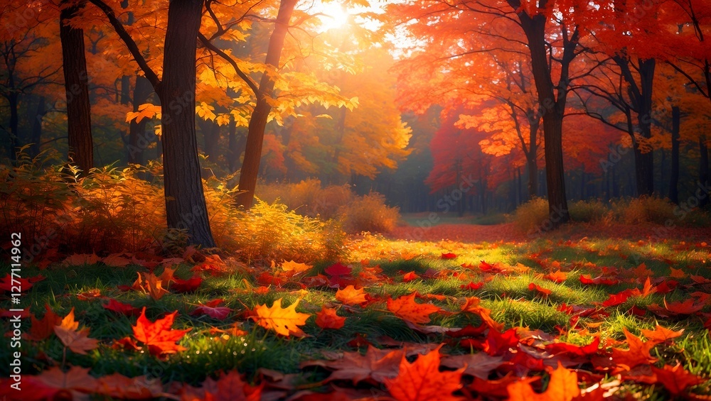 Vibrant autumn foliage illuminates a serene forest Vibrant autumn foliage illuminates a serene forest
