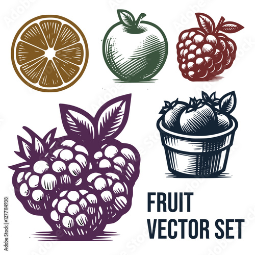 Vintage Hand-Drawn Fruit Set – Orange, Apple, Raspberry, Blueberry, Strawberry