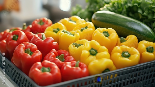 A colorful assortment of various vegetables arranged neatly in a woven basket, showcasing their freshness and diversity. photo