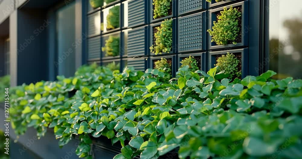 A modern building with a vertical garden and lush green plants adorning its exterior wall. A modern building with a vertical garden and lush green plants adorning its exterior wall.