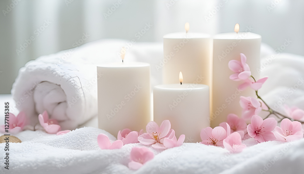 Serene spa scene with white candles and pink flower petals on a soft towel
