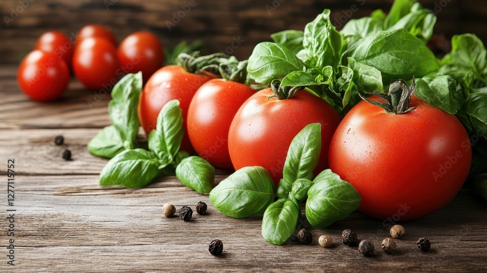 Fresh tomatoes and aromatic basil leaves arranged on a rustic wooden table, accompanied by whole peppercorns, evoking a culinary ambiance. Fresh tomatoes and aromatic basil leaves arranged on a rustic wooden table, accompanied by whole peppercorns, evoking a culinary ambiance.