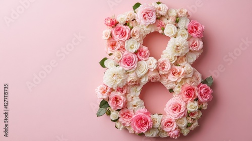 Romantic composition in the form of the number 8 of pink and white flowers on a pastel pink background, symbolising femininity and holiday