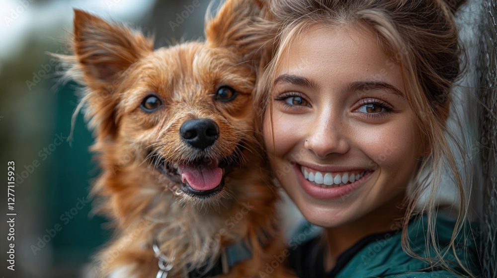 A young woman smiling happily while holding a small dog close to her face, showcasing joy and companionship in a natural setting. A young woman smiling happily while holding a small dog close to her face, showcasing joy and companionship in a natural setting.