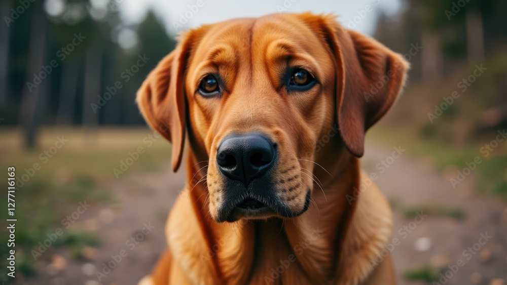 A red colored lab is sitting on a path in a forested area, with trees in the background. A red colored lab is sitting on a path in a forested area, with trees in the background.