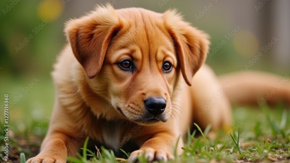 A red fox labrador puppy lying on the grass, with a blurred background. A red fox labrador puppy lying on the grass, with a blurred background.