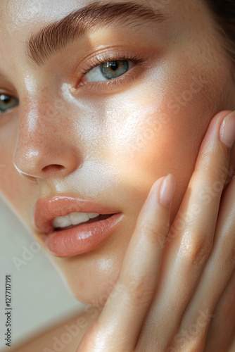 Close-up portrait of a young woman gently applying a moisturizing cosmetic cream on her face, enhancing her natural beauty and promoting healthy skincare