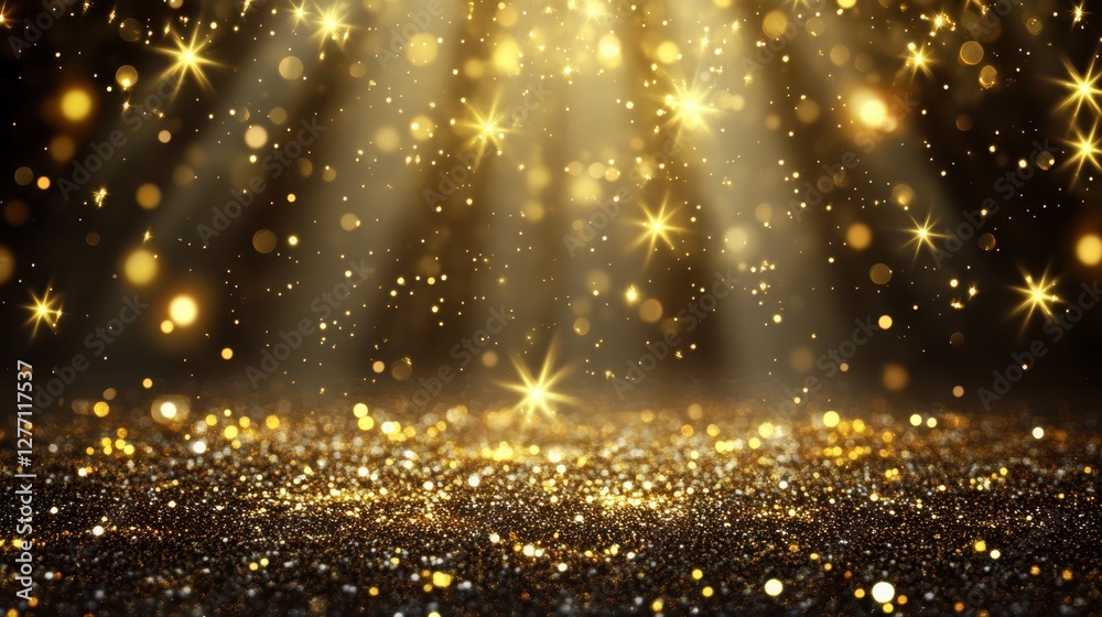 Naklejka premium A shimmering gold glitter background adorned with sparkling stars, creating a festive and elegant visual appeal.