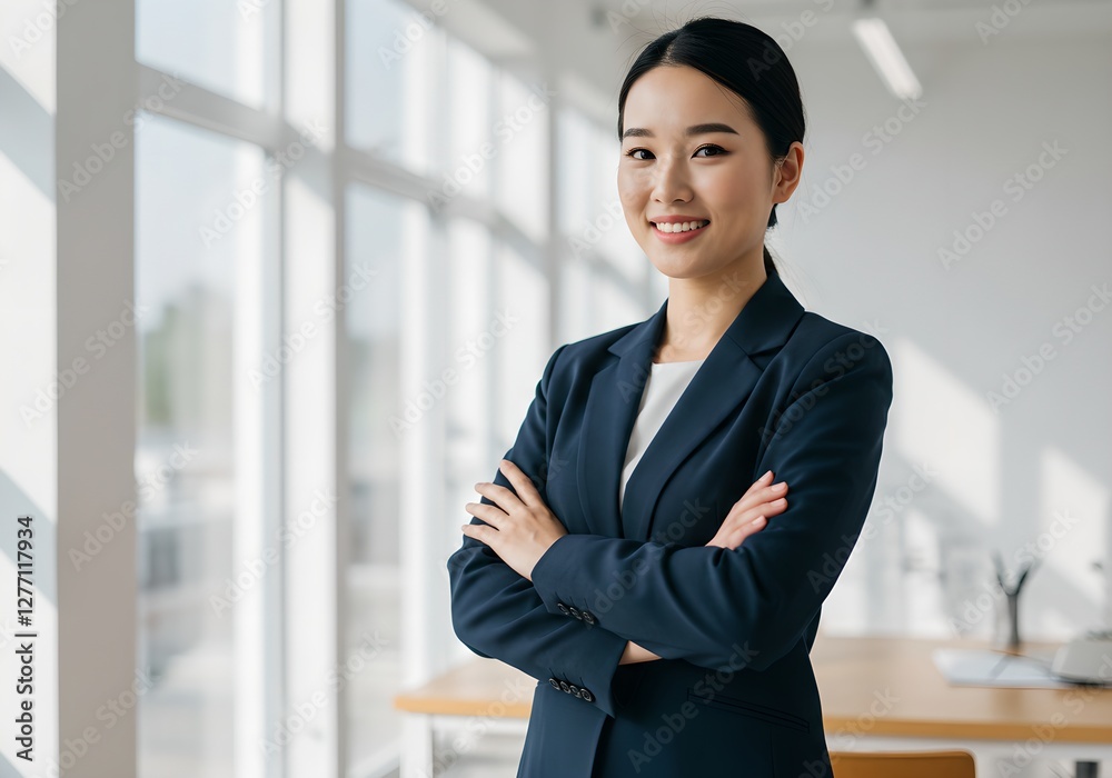 Asian businesswoman in navy suit standing confidently in bright office. Professional female executive portrait. Corporate leadership and success concept. Asian businesswoman in navy suit standing confidently in bright office. Professional female executive portrait. Corporate leadership and success concept.
